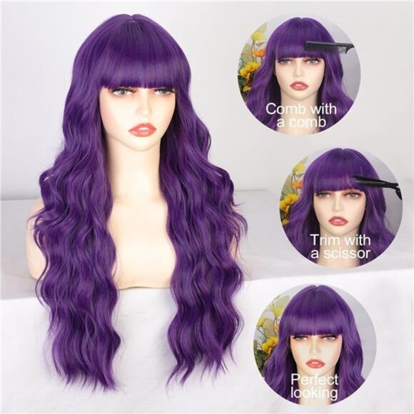 Purple Wavy Wig With Bangs for Women - Picture 3 of 6